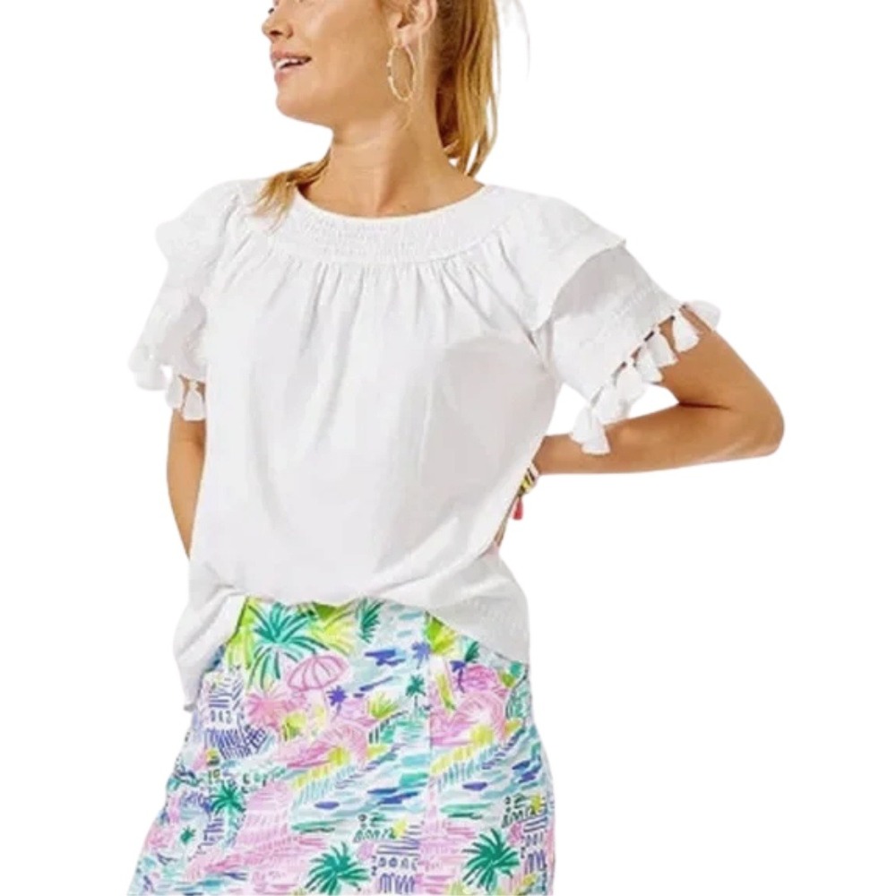 Lilly Pulitzer Top Small White Nailah Pima Cotton Smocked Tassel Flutter Sleeve
